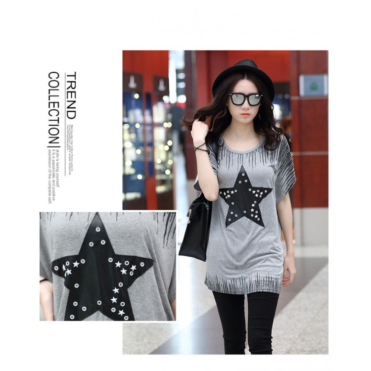 TE6020AYY T-shirt ampia con stampa applique di stella a cinque punte da ragazza grassa-3