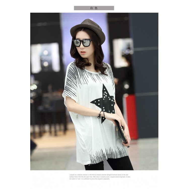 TE6020AYY T-shirt ampia con stampa applique di stella a cinque punte da ragazza grassa-5