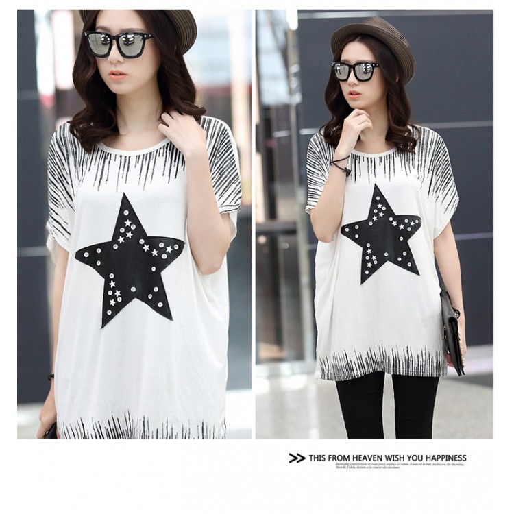 TE6020AYY T-shirt ampia con stampa applique di stella a cinque punte da ragazza grassa-6