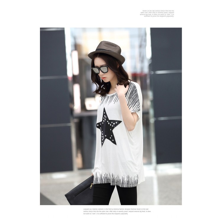 TE6020AYY T-shirt ampia con stampa applique di stella a cinque punte da ragazza grassa-7