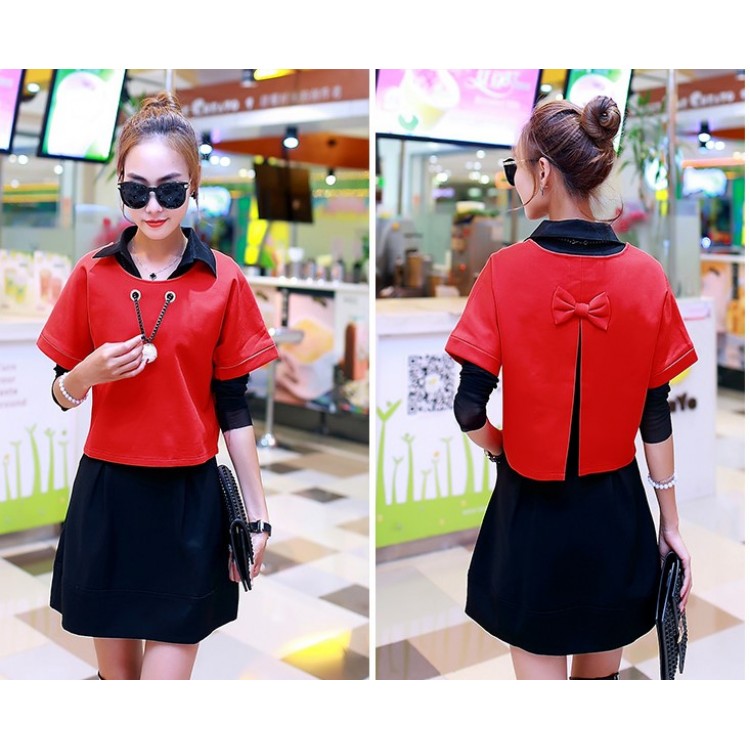 TE6051DYG Abito slim alla moda a trapezio con parte superiore con fiocco sul retro-3