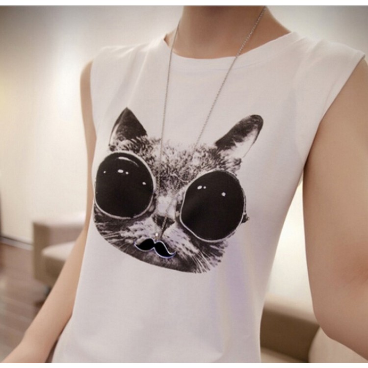 TE6091XPG Gilet senza maniche con stampa gatto e occhiali da sole alla moda-1