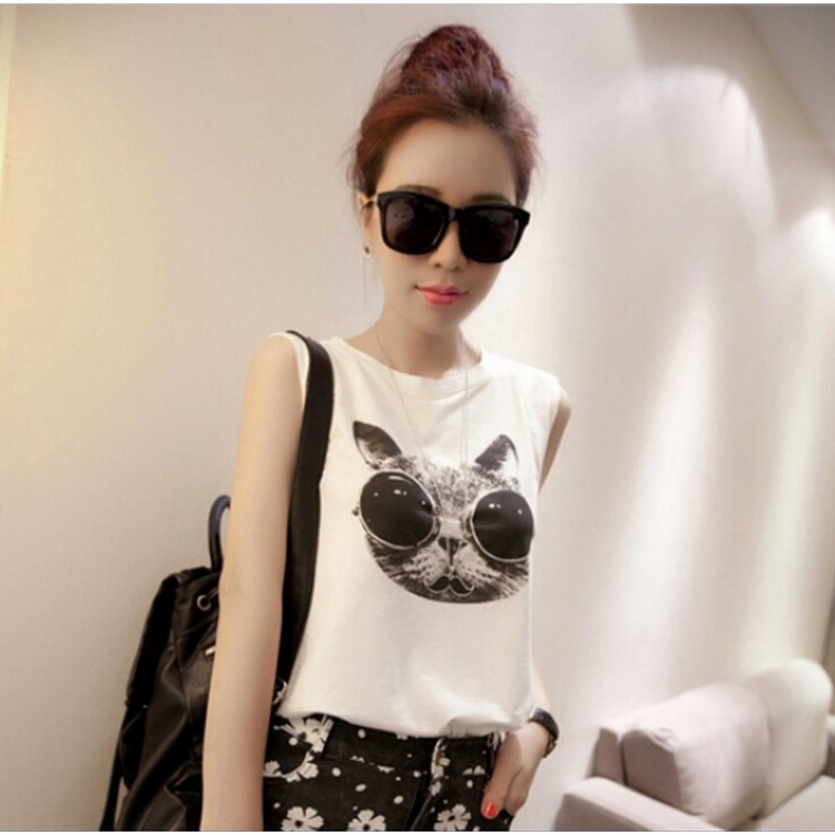 TE6091XPG Gilet senza maniche con stampa gatto e occhiali da sole alla moda-2