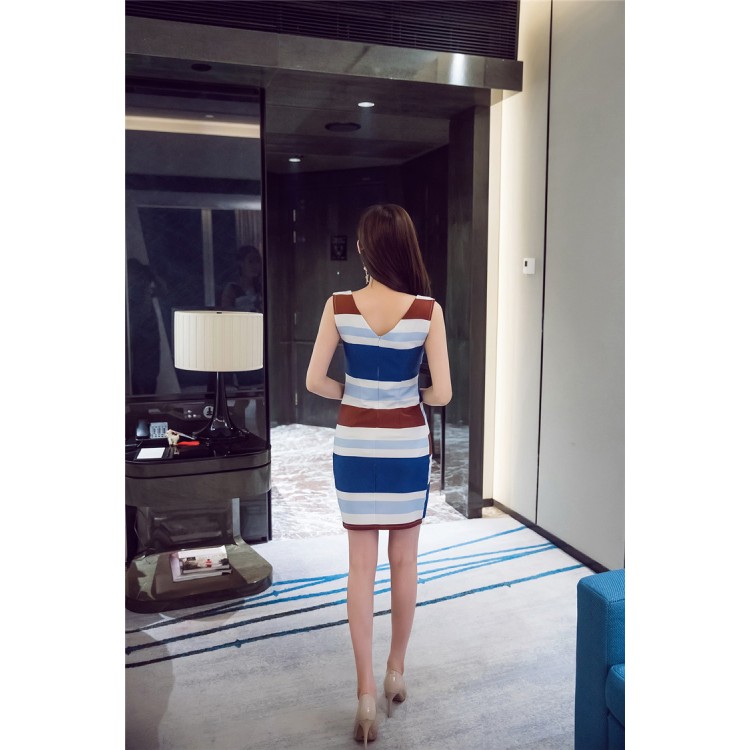 TE6113QQWL Abito stretto sull'anca con strisce sexy con scollo a V, vita sottile stile impero coreano-6
