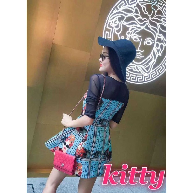 TE6212YZL Abito con stampa di bellezza con giunture in rete di design-2