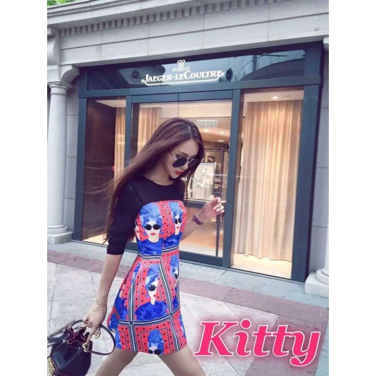 TE6212YZL Abito con stampa di bellezza con giunture in rete di design-5