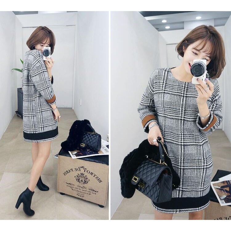 TE6303YZS Abito in lana spessa a quadri in tinta-2