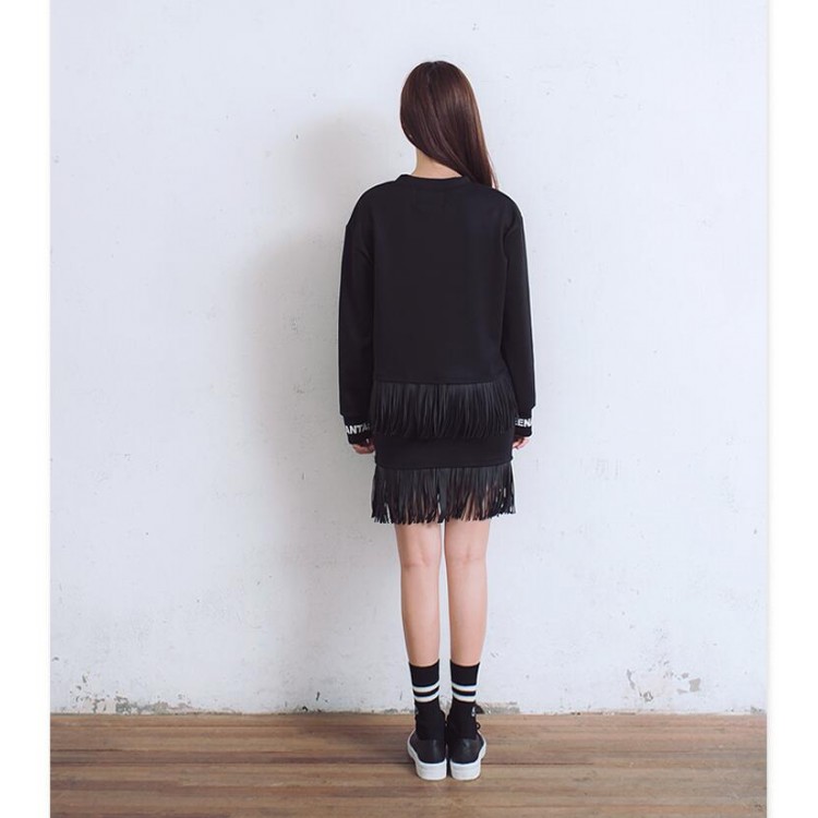 TE6318YZS Felpa con nappe in pu stampa lettere e gonna con nappe-4