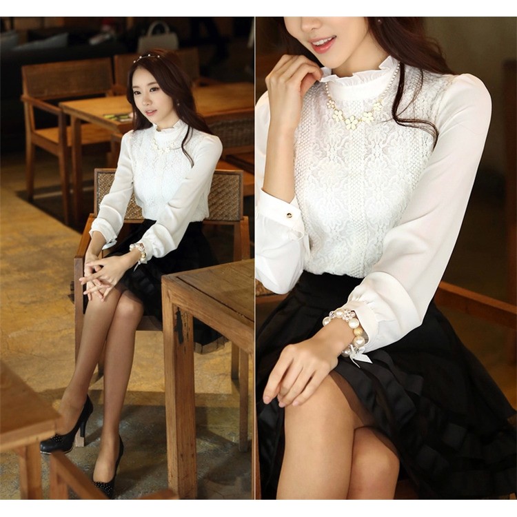 TE6365SOLO Camicia con cuciture in pizzo a maniche lunghe in chiffon addensato-2