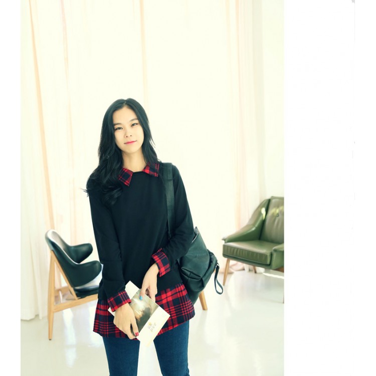 TE6366YZS T-shirt joker finta in due pezzi con colletto a rever e impunture a quadri-1