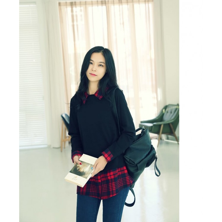 TE6366YZS T-shirt joker finta in due pezzi con colletto a rever e impunture a quadri-3