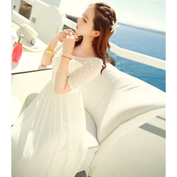 TE6372 Maxi abito bohémien in chiffon con giunture in pizzo con perline e scollo a barchetta-2