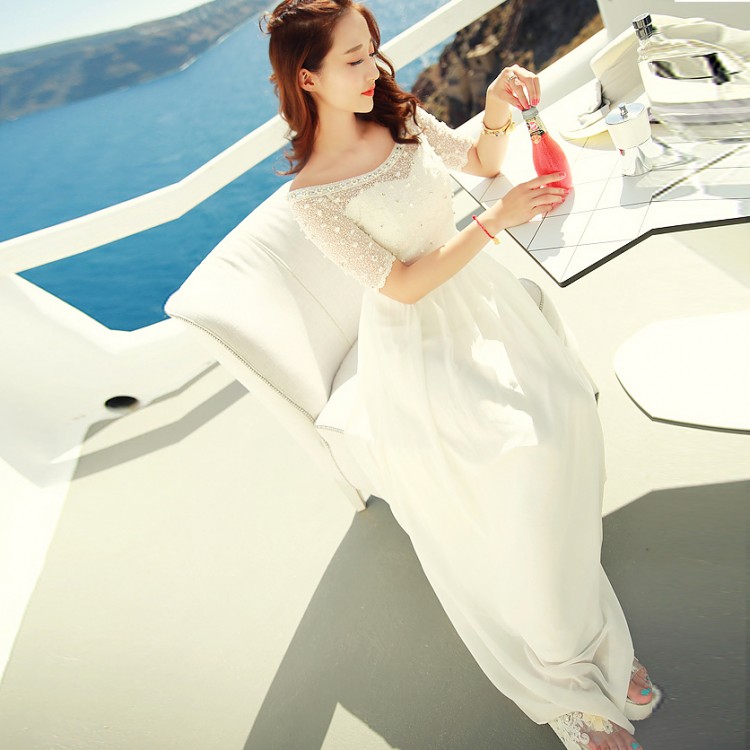 TE6372 Maxi abito bohémien in chiffon con giunture in pizzo con perline e scollo a barchetta-3