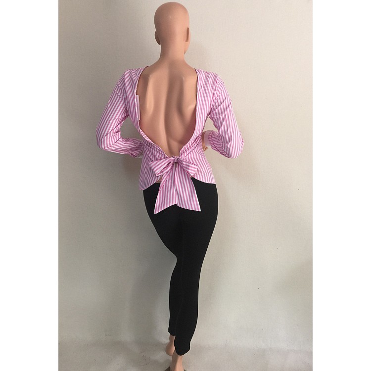 TE6397MGW Camicia a righe con allacciatura senza schienale alla moda europea-8