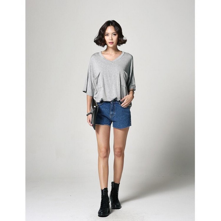 TE6412YZS T-shirt semplice con scollo a V e maniche a pipistrello larghe in stile coreano-4