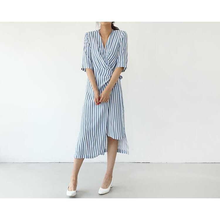 TE6433YZS Abito alla moda con vita sottile irregolare a righe verticali-2