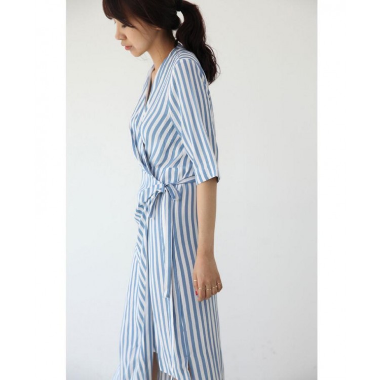 TE6433YZS Abito alla moda con vita sottile irregolare a righe verticali-3