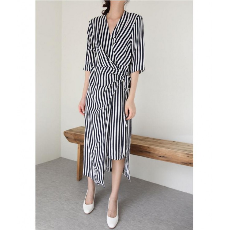 TE6433YZS Abito alla moda con vita sottile irregolare a righe verticali-7