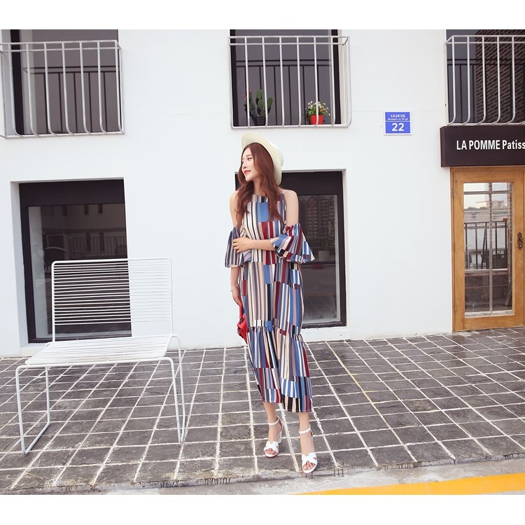 TE6436YZS Maxi abito da spiaggia con spalle scoperte e strisce colorate con geometrie in stile vacanza-1