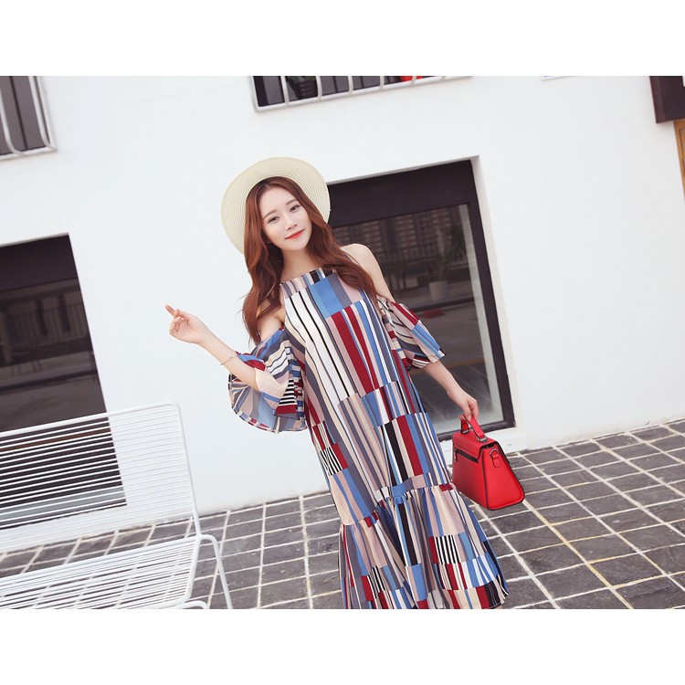 TE6436YZS Maxi abito da spiaggia con spalle scoperte e strisce colorate con geometrie in stile vacanza-2