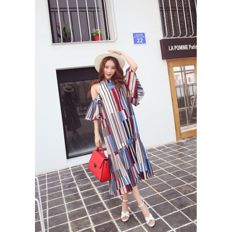 TE6436YZS Maxi abito da spiaggia con spalle scoperte e strisce colorate con geometrie in stile vacanza-3