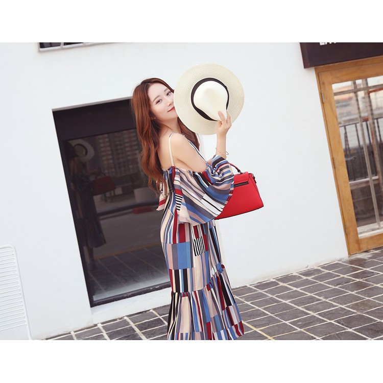 TE6436YZS Maxi abito da spiaggia con spalle scoperte e strisce colorate con geometrie in stile vacanza-4