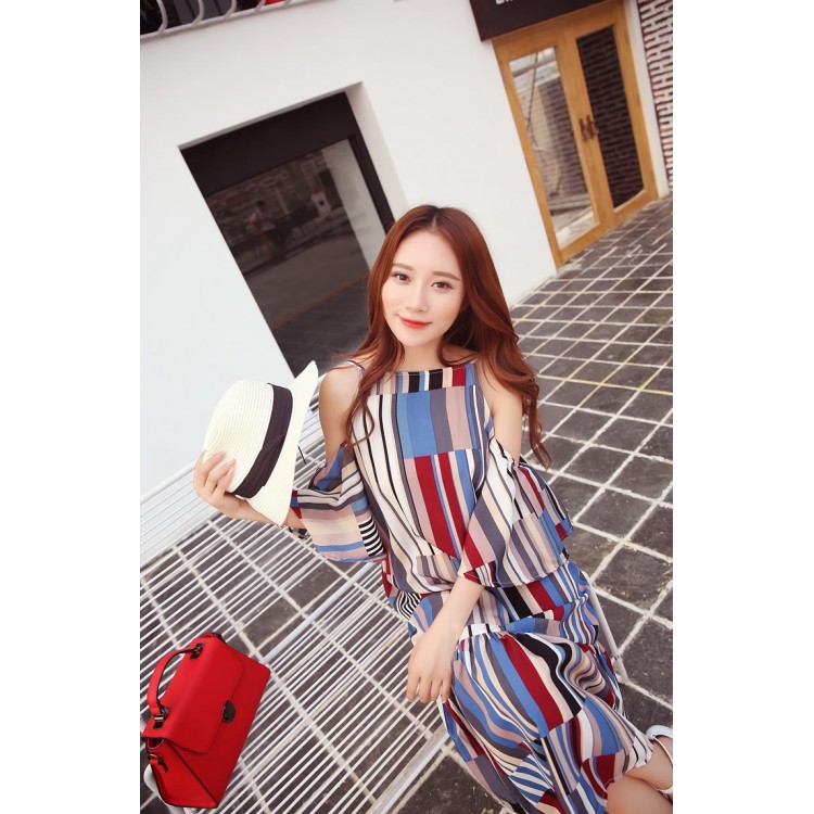 TE6436YZS Maxi abito da spiaggia con spalle scoperte e strisce colorate con geometrie in stile vacanza-5