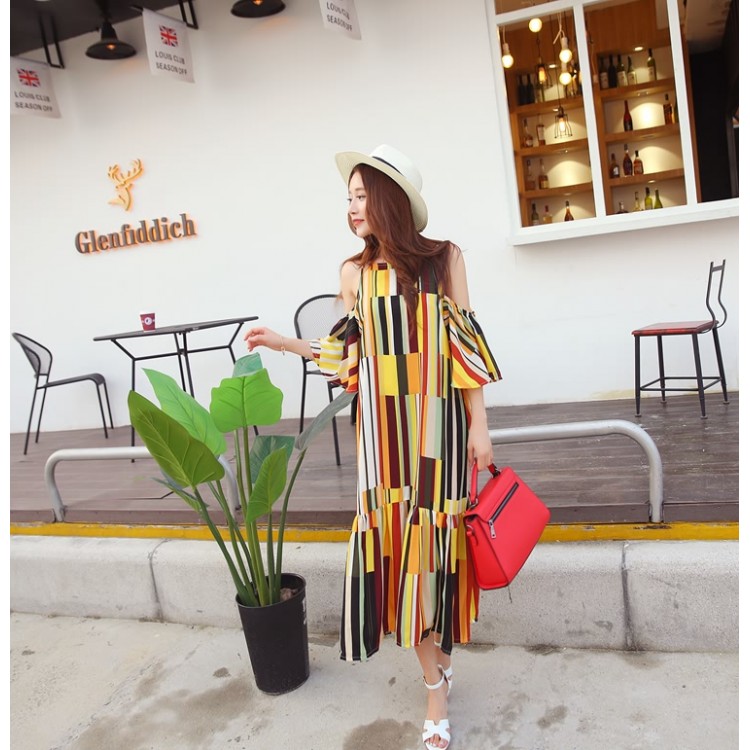 TE6436YZS Maxi abito da spiaggia con spalle scoperte e strisce colorate con geometrie in stile vacanza-6