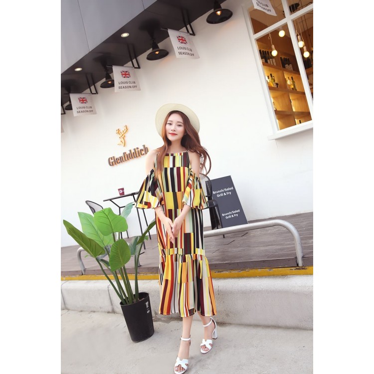 TE6436YZS Maxi abito da spiaggia con spalle scoperte e strisce colorate con geometrie in stile vacanza-8