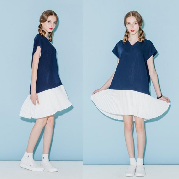 TE6448YZS Abito stile preppy bouffant color contratto con scollo a V alla moda europea-5