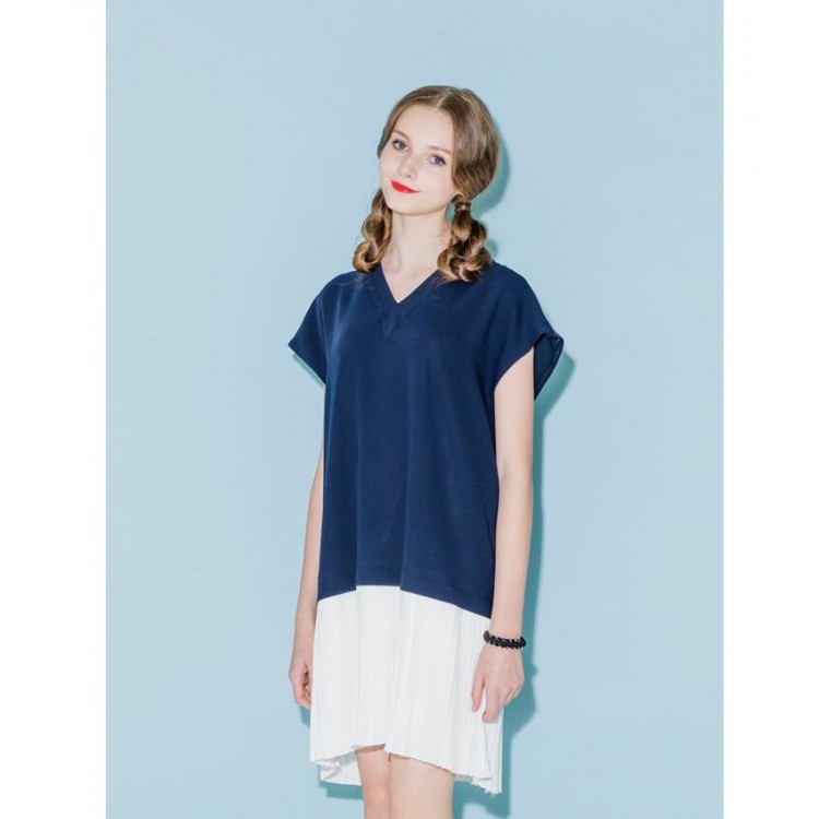 TE6448YZS Abito stile preppy bouffant color contratto con scollo a V alla moda europea-1