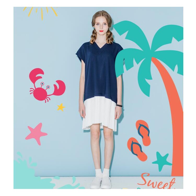 TE6448YZS Abito stile preppy bouffant color contratto con scollo a V alla moda europea-3