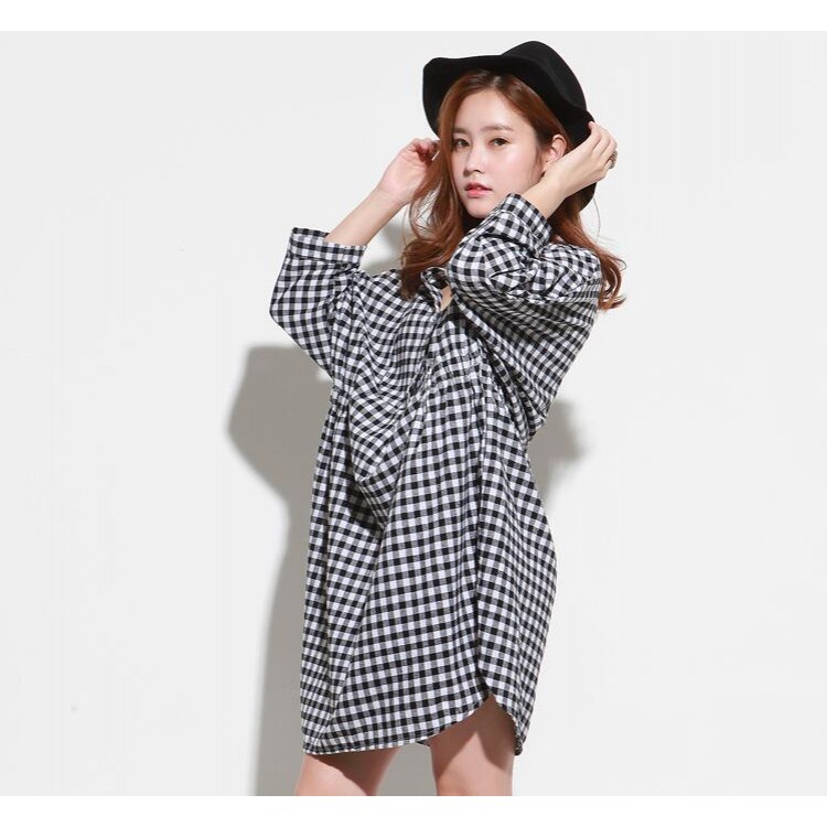 TE6484YZS Abito chemisier a vita sottile a quadri bianchi e neri di grandi dimensioni autunno 2016-4