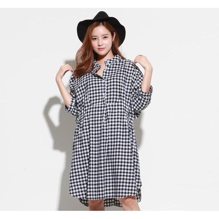 TE6484YZS Abito chemisier a vita sottile a quadri bianchi e neri di grandi dimensioni autunno 2016-5