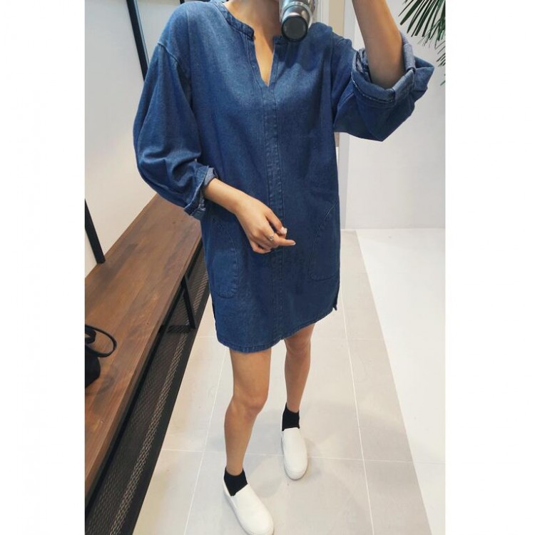 TE6515YZS Abito in denim pullover ampio con scollo a V e maniche lunghe-1