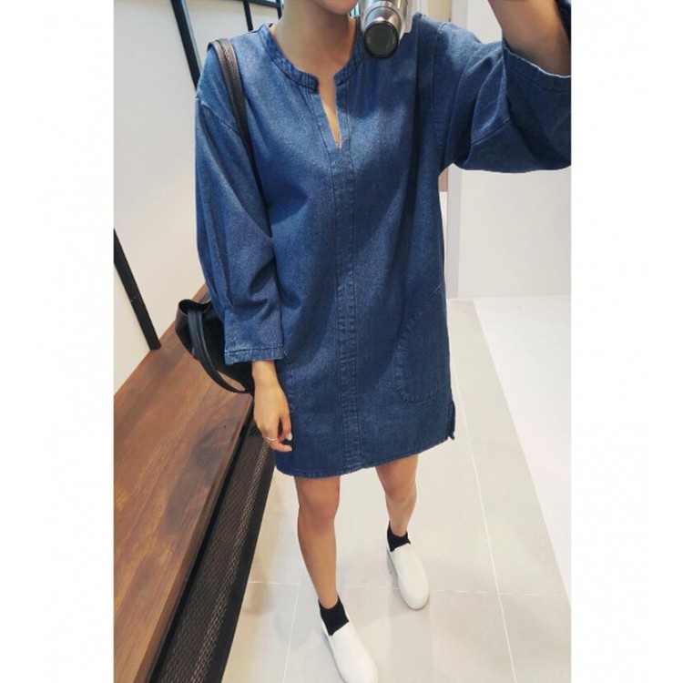 TE6515YZS Abito in denim pullover ampio con scollo a V e maniche lunghe-4