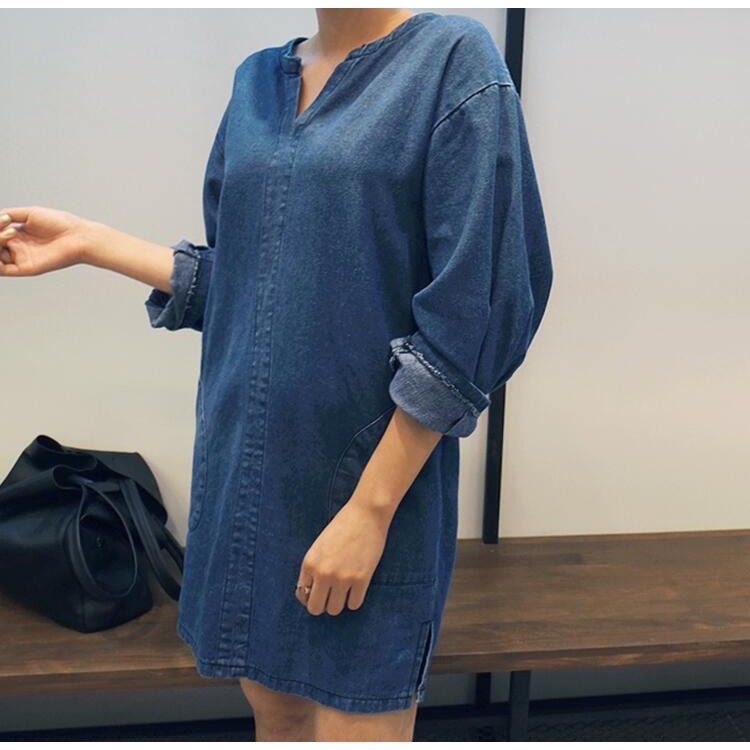 TE6515YZS Abito in denim pullover ampio con scollo a V e maniche lunghe-5