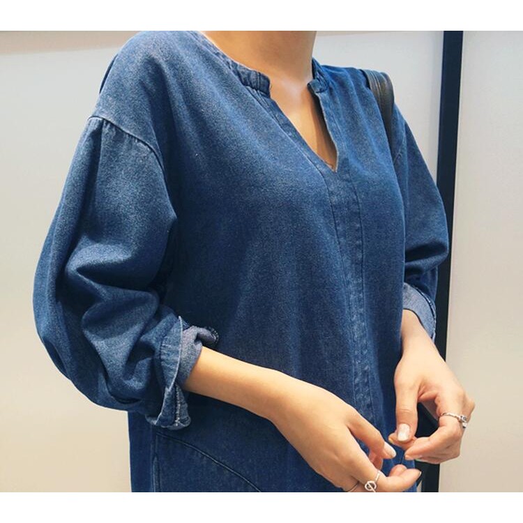 TE6515YZS Abito in denim pullover ampio con scollo a V e maniche lunghe-6