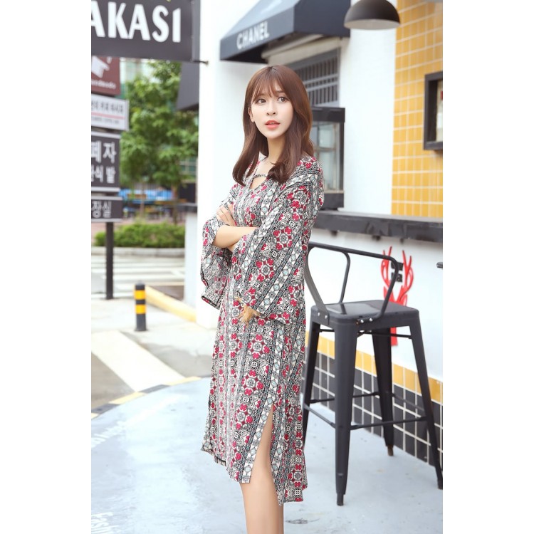 TE6516YZS Abito lungo con spacco e balze con maniche a tromba e stampa fiori a righe di grandi dimensioni-5