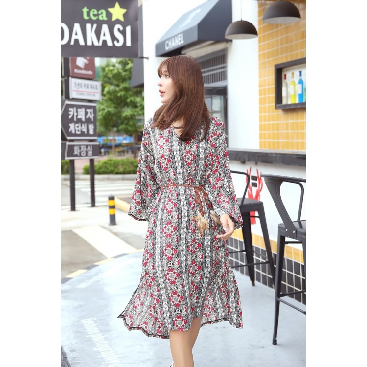 TE6516YZS Abito lungo con spacco e balze con maniche a tromba e stampa fiori a righe di grandi dimensioni-6