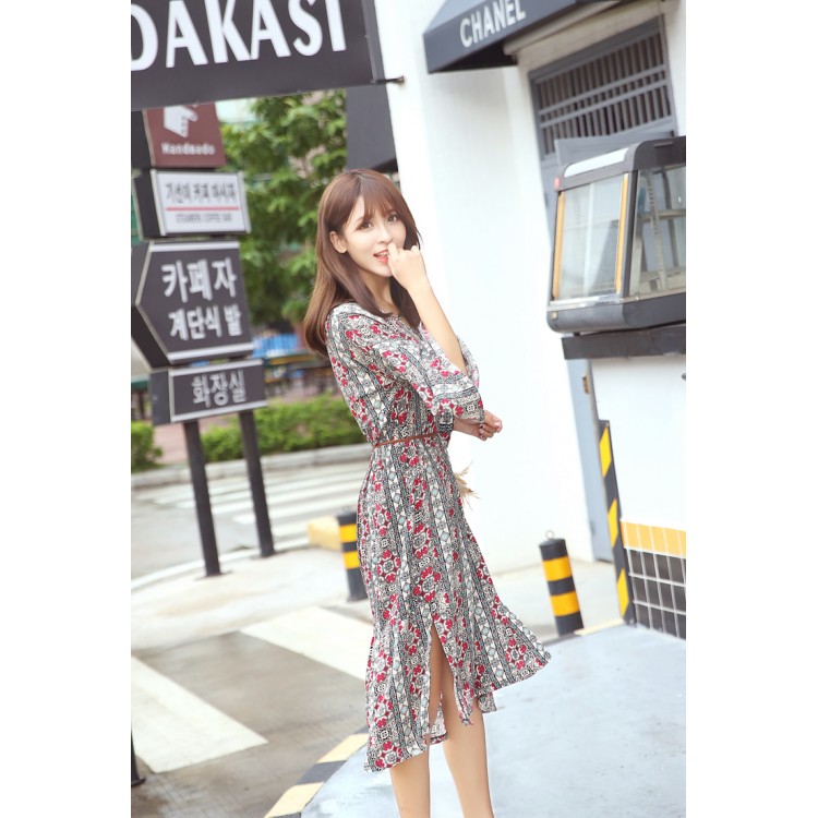 TE6516YZS Abito lungo con spacco e balze con maniche a tromba e stampa fiori a righe di grandi dimensioni-7