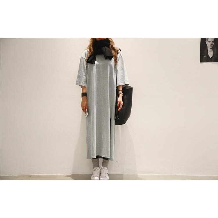 TE6541YZS Abito t-shirt lungo in puro colore con fessura e manica a pipistrello di grandi dimensioni-2