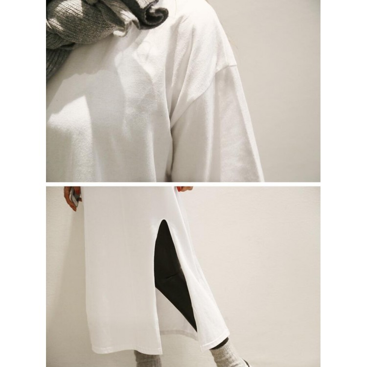 TE6541YZS Abito t-shirt lungo in puro colore con fessura e manica a pipistrello di grandi dimensioni-7