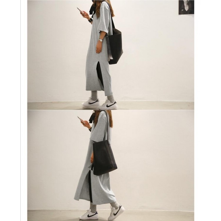 TE6541YZS Abito t-shirt lungo in puro colore con fessura e manica a pipistrello di grandi dimensioni-8