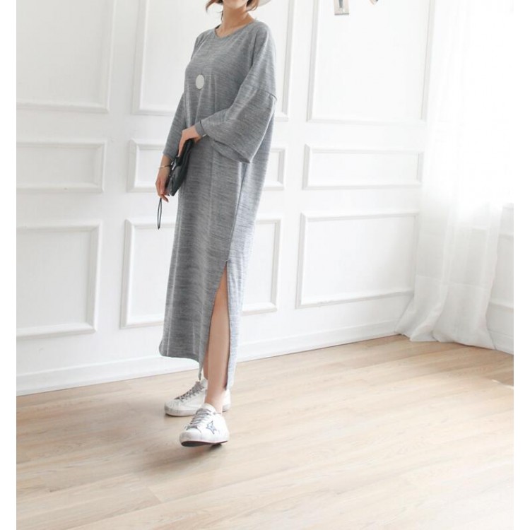 TE6552YZS Maxi abito casual ampio con orlo a fessura-3