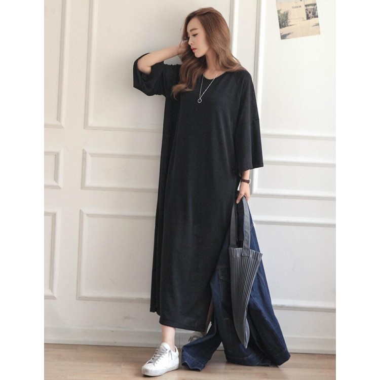 TE6552YZS Maxi abito casual ampio con orlo a fessura-5