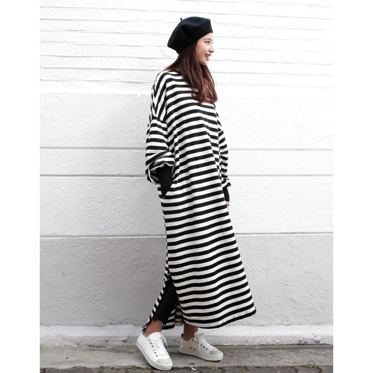 TE6554YZS Maxi abito con spacco a maniche lunghe alla moda primaverile-7