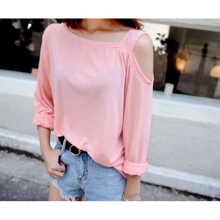 TE6555YZS T-shirt sexy a maniche lunghe color caramello con un lato e spalle scoperte-2