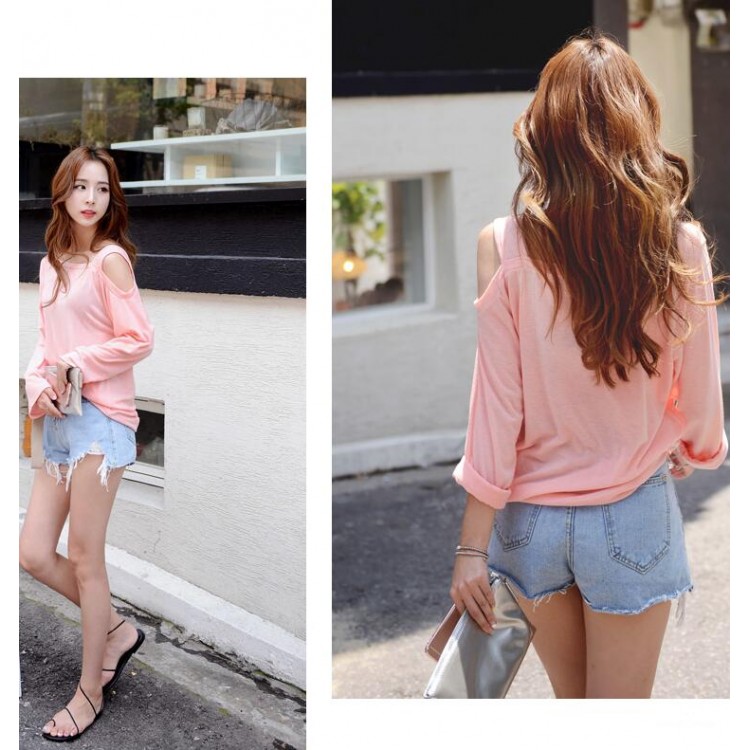 TE6555YZS T-shirt sexy a maniche lunghe color caramello con un lato e spalle scoperte-3