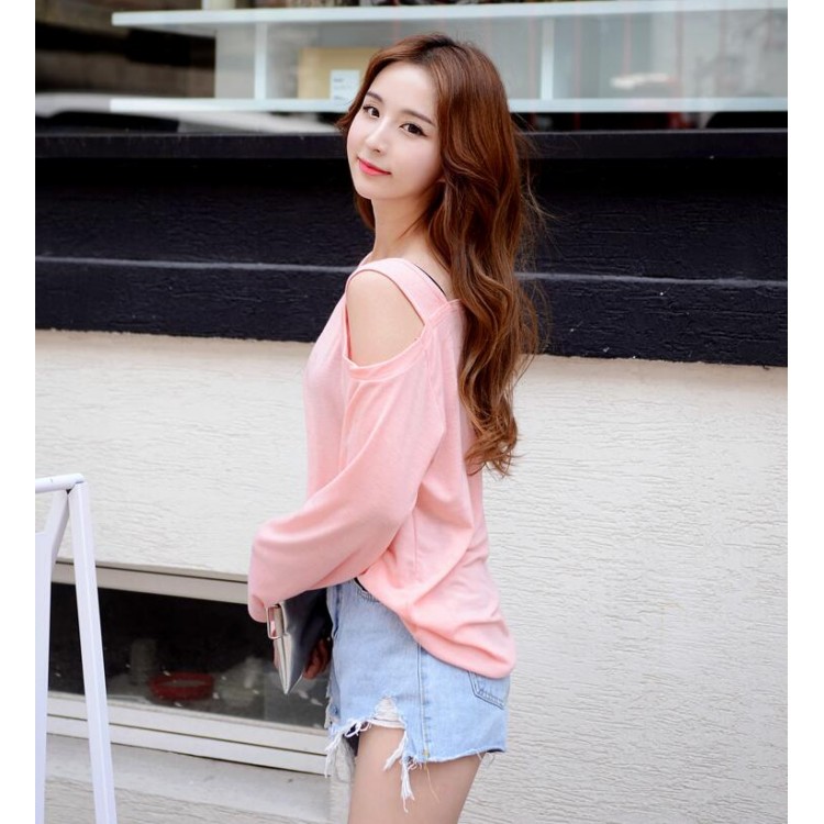 TE6555YZS T-shirt sexy a maniche lunghe color caramello con un lato e spalle scoperte-4